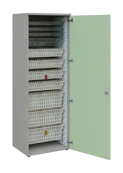 EUROMEDICA D - 66 skříň léková boxová, 1-dveřová, pravá, 1950x660x535, korpus šedý, dvířka šedo-zelinkavá